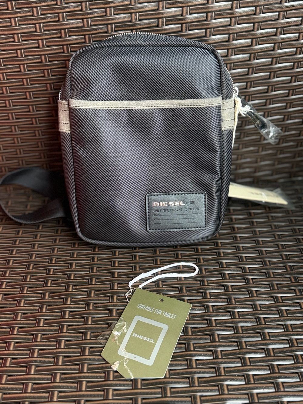 Diesel Black Crossbody Tablet Pouch with Beige Trim